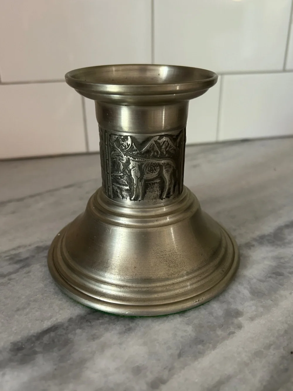 Vintage Norwegian Etched Pewter Candlestick Mid Century Modern